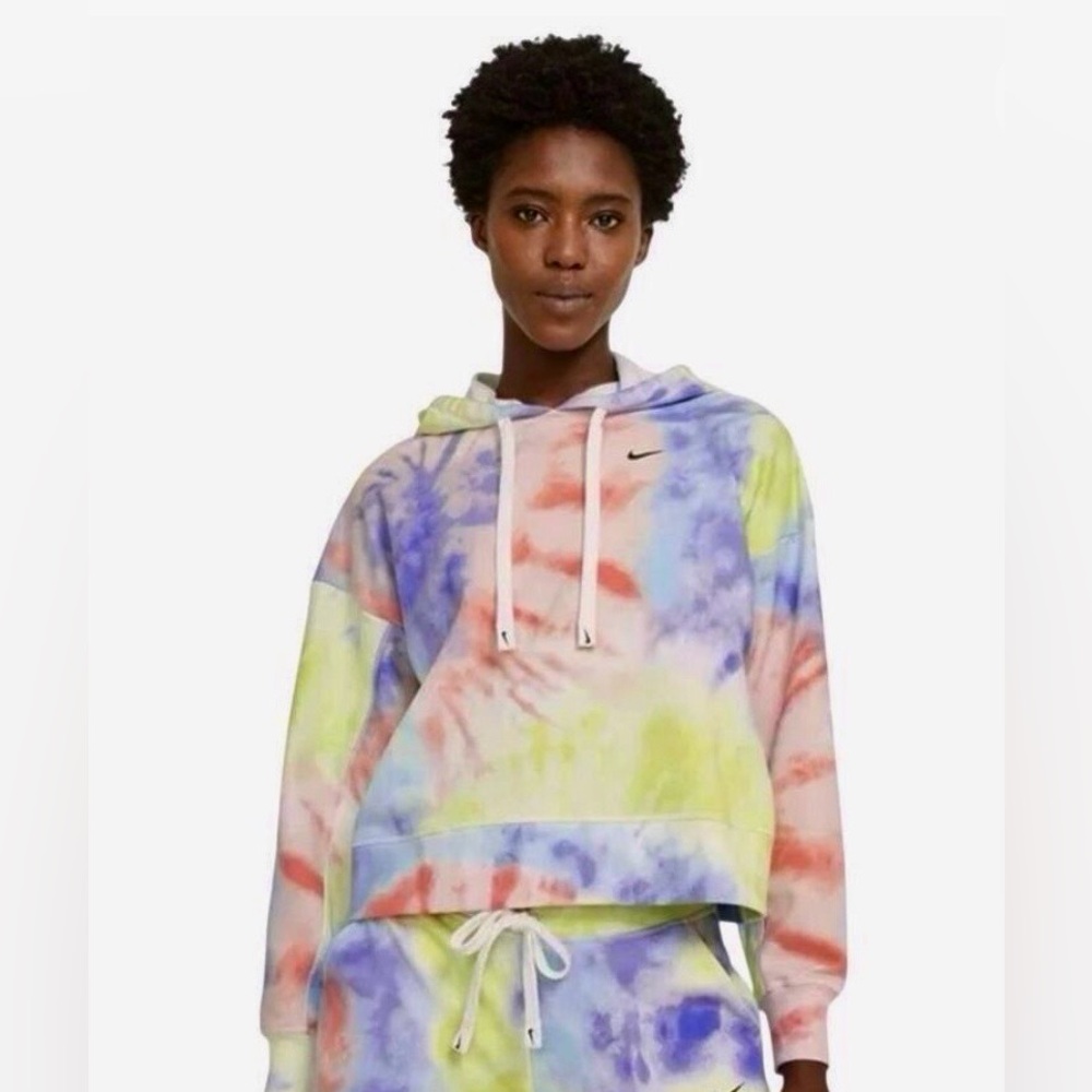Nike Pastel Tie-Dye Hooded Crop Sweatshirt in Lavender, Pink and Yellow